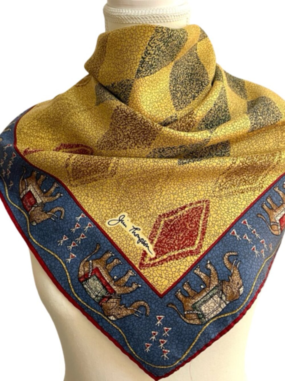 Jim Thompson Floral Silk Feel Scarf 32 x 32 Blue Multicolor Thailand